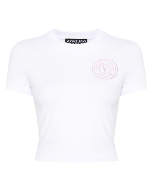 Versace White Glitzer-T-Shirt mit E-Emblem