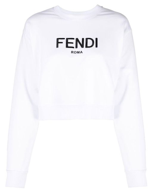 Fendi White Cropped Logo Print Sweatshirt
