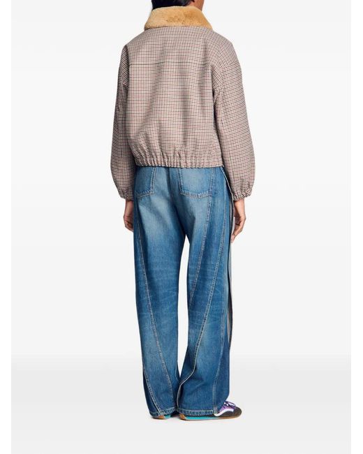 Sandro Brown Checked-Pattern Bomber Jacket