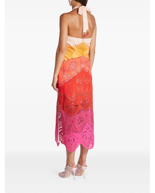 Farm Rio Red Embroidery-Eyelet Halter-Neck Midi Dress