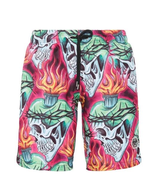 Philipp Plein Red Skull-Print Swim Shorts for men