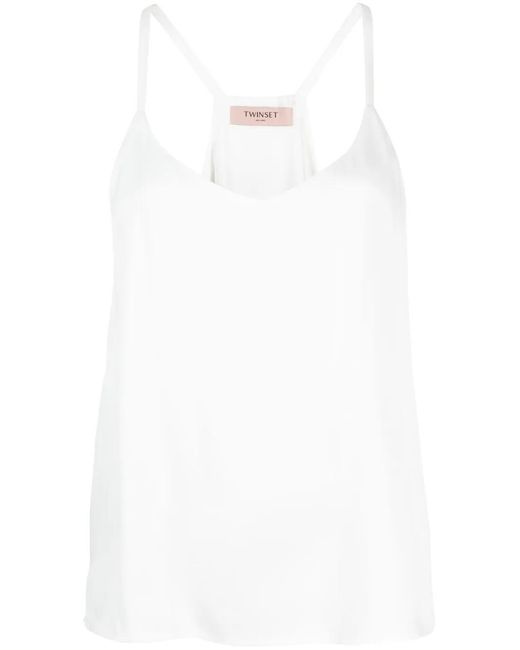 Twinset White Satin-Finish V-Neck Tank Top