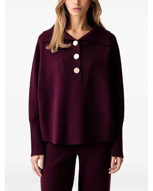 Joseph Ribkoff Red Button-Embellished Ribbed-Trim Shawl-Neck Sweater