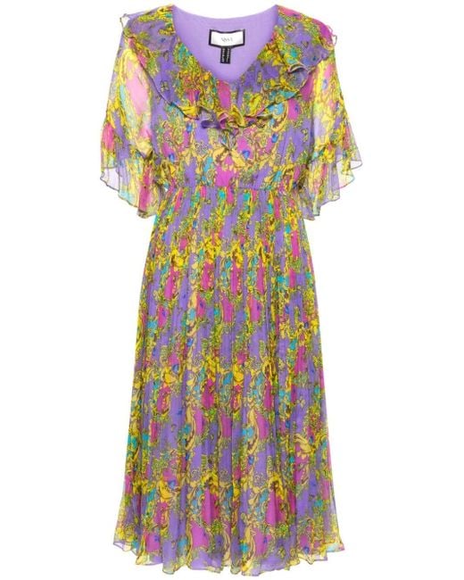 Nissa Purple Baroque-print Pleated Dress
