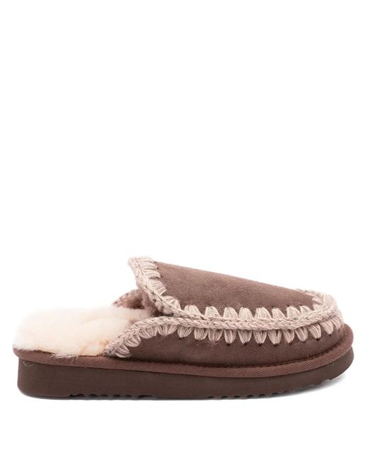 Mou Brown Crochet-Detail Sheepskin Slippers