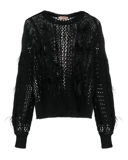 Twin Set Feather-detail Cable-knit Jumper in het Black