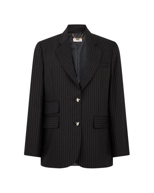 Elisabetta Franchi Black Stripe-Pattern Notched-Lapels Blazer