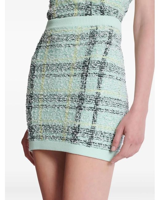 Balmain Blue Mini Glitter Plaid Tweed Skirt