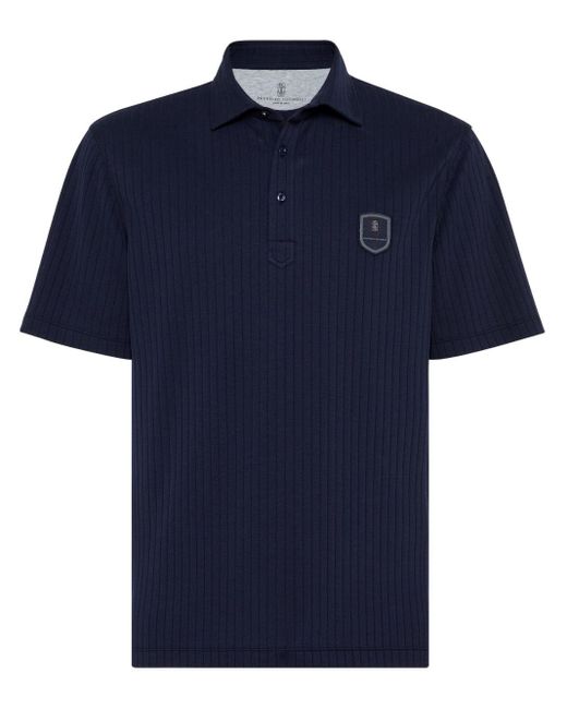 Brunello Cucinelli Blue Logo-appliqué Ribbed Polo Shirt for men