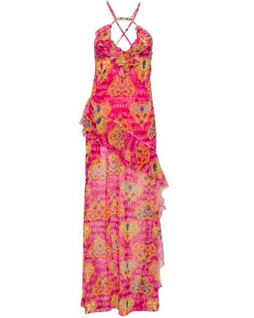 Versace Red Heart-couture-print Maxi Dress