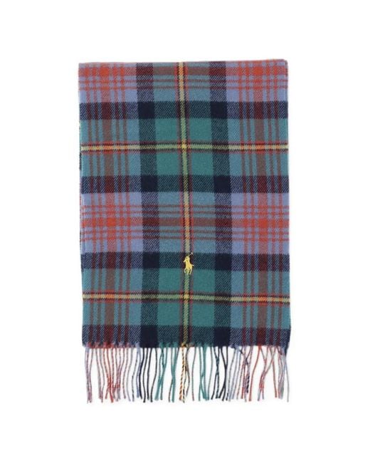 Polo Ralph Lauren Blue Tartan Fringe Wool Scarf for men