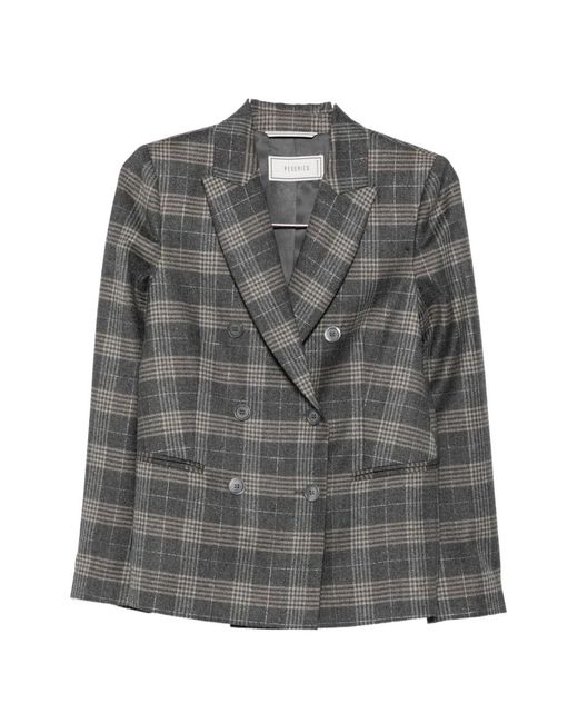 Peserico Gray Double-Breasted Check-Pattern Blazer