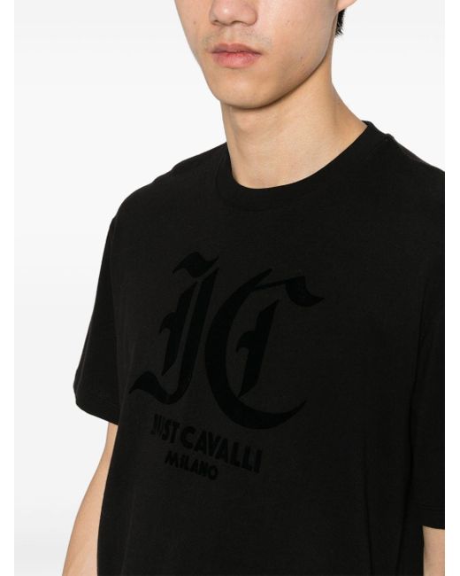 Just Cavalli Black Flocked-logo T-shirt for men
