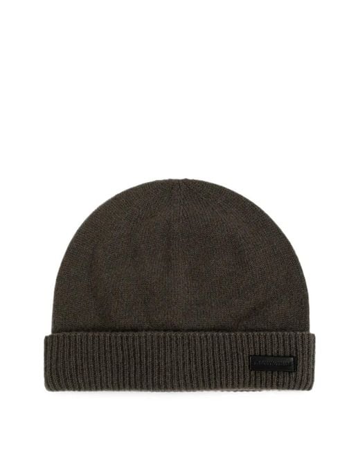 Emporio Armani Black Logo-Patch Cashmere Beanie Hat for men