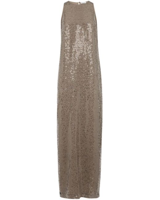 Brunello Cucinelli Natural Sequinned Silk Column Maxi Dress