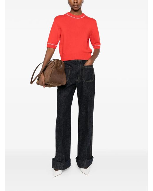 Allude Red Ribbed-Hem T-Shirt