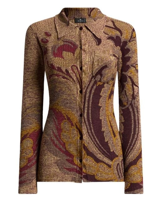 Etro Brown Ribbed Wool Cardigan With Daffodil Motif