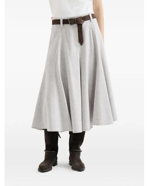 Brunello Cucinelli White Wool-Flannel Flared Skirt With Monili