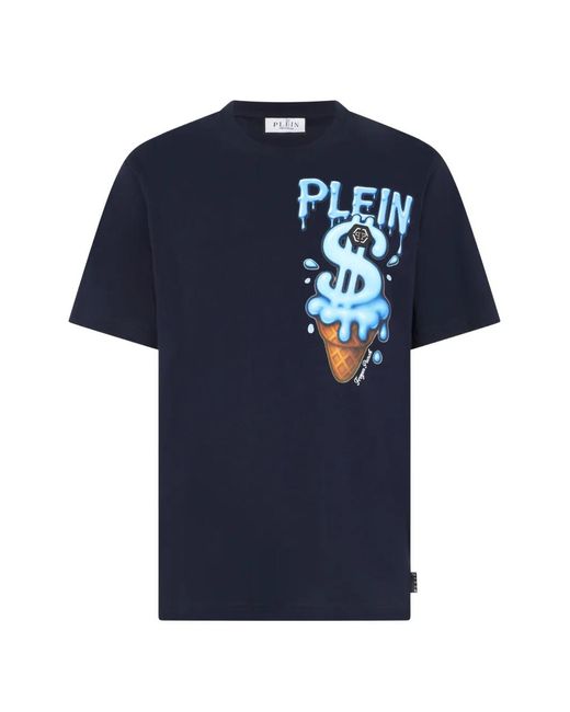 Philipp Plein Blue Round Neck T-Shirt Ice Cream Dollar for men