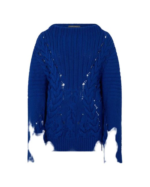 Alberta Ferretti Blue Distressed-Finish Cable-Knit Sweater