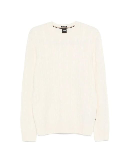 Boss White Cable-Knit Crew-Neck Sweater for men