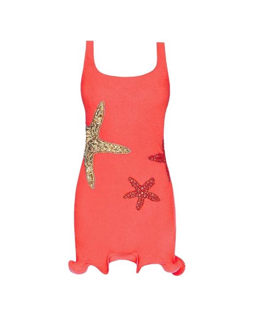 Leslie Amon Red Starfish-Embellished Ruffled Mini-Dress
