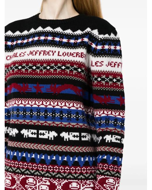 Charles Jeffrey Red Fair Isle-Knit Crew-Neck Jumper