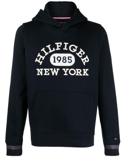 Tommy Hilfiger Blue Embroidered-logo Cotton Hoodie for men