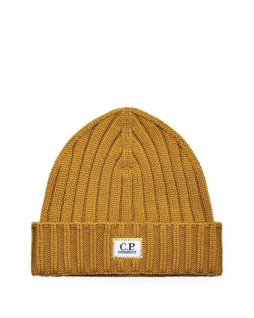 C P Company Yellow Ribbed-Knit Logo-Patch Beanie Hat for men