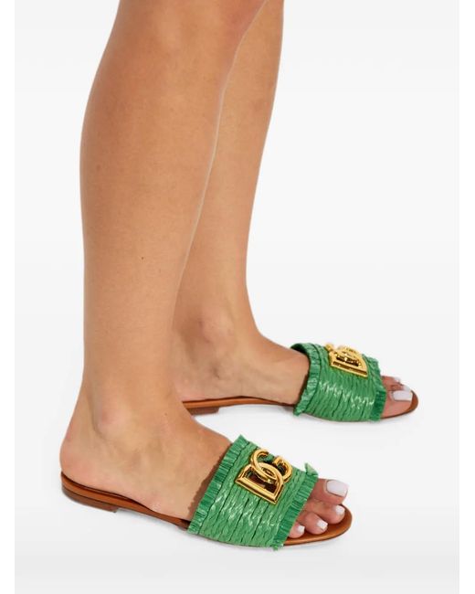 Dolce & Gabbana Green Logo-Plaque Fringed Sandals