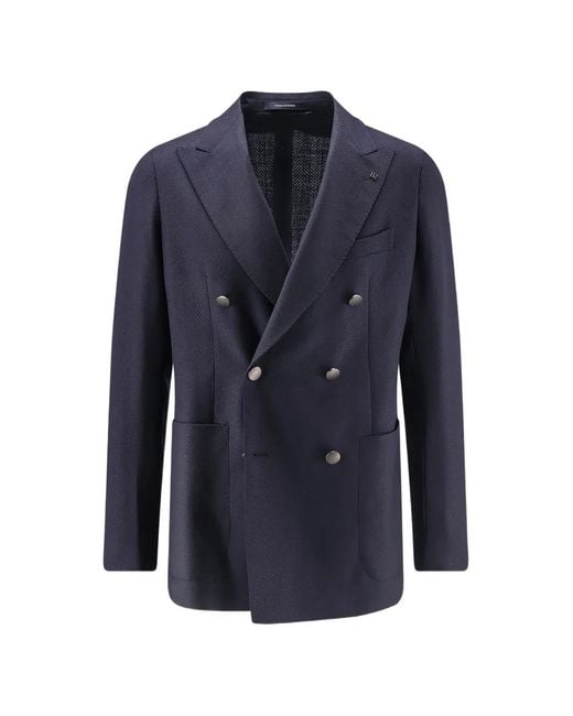 Tagliatore Blue Double-Breasted Herringbone Blazer for men
