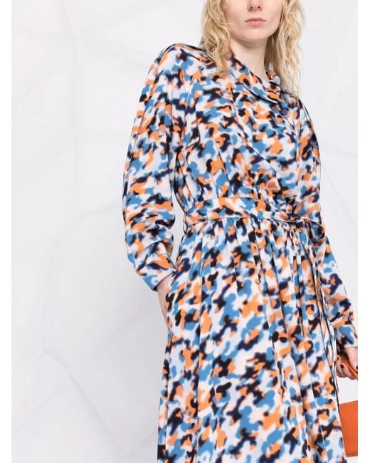 KENZO Blue Abstract-Print Drawstring-Waist Midi Dress