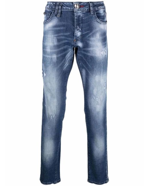 Philipp Plein Blue Destroyed Straight-Leg Jeans for men