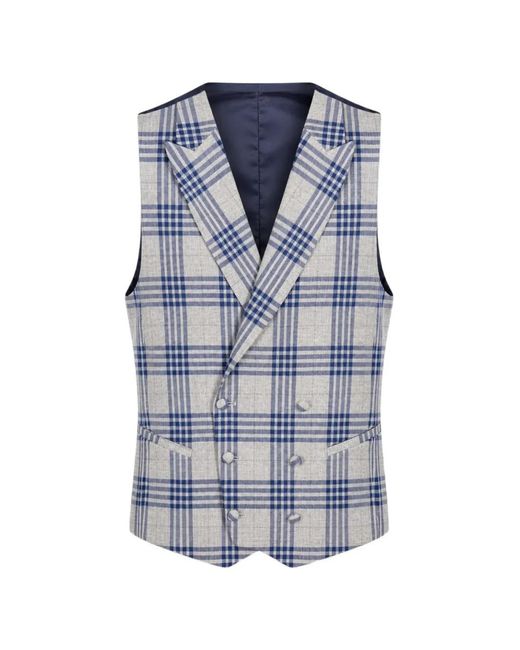 ETIEM TEXTIL S.L. Blue Check-Pattern Double-Breasted Waistcoat for men