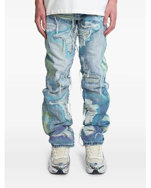 Who Decides War Blue Distressed Embroidered Jeans for men