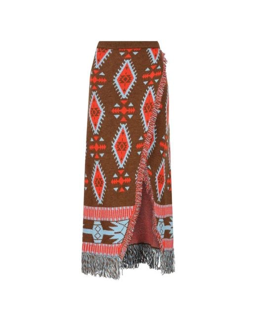 COLOUR MARKET® Red Fringed Intarsia-Knit Maxi Skirt