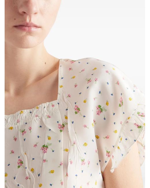 Prada White Kurzärmliges Crop-Top Aus Pongé Mit Blumen-Print