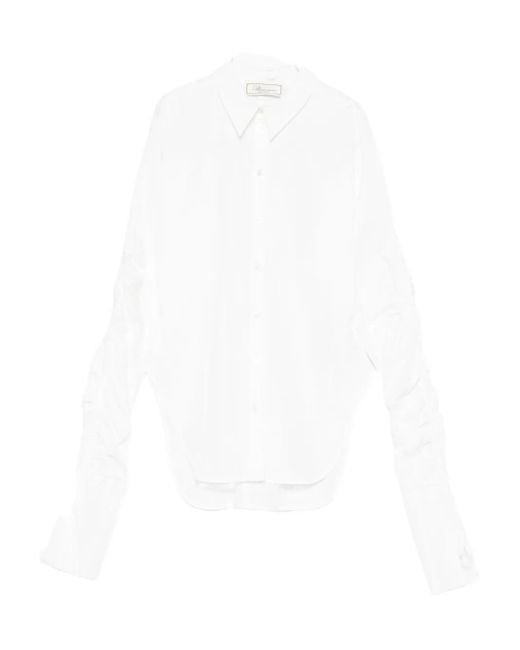 Blumarine White Gathered-Sleeve Button-Down Shirt