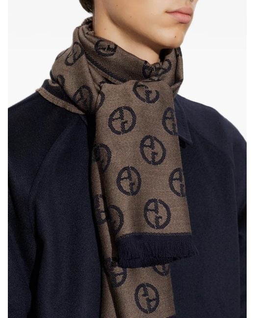 Giorgio Armani Black Monogram-Pattern Frayed Scarf for men