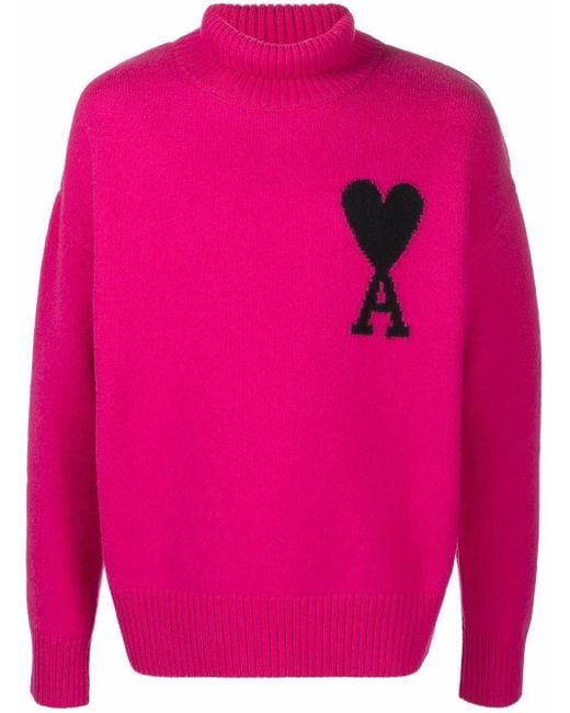 AMI Pink Ami De Coeur Roll-Neck Jumper