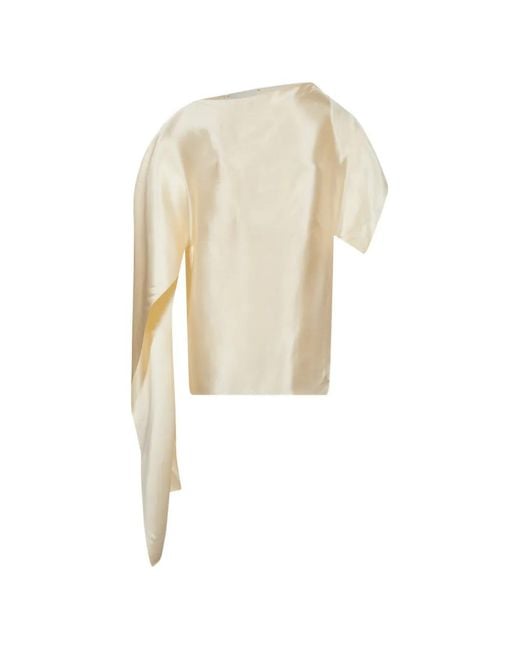 Magda Butrym Natural Asymmetric Draped-Sleeve Blouse