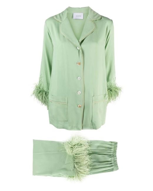 Sleeper Green Party Feather-Embellished Pajama Set