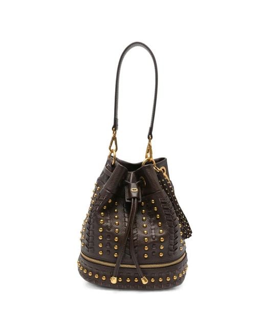 La Carrie Black Studded Leather Bucket Bag