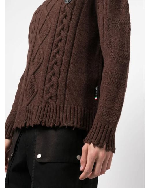 Philipp Plein Brown Distressed Cable-Knit Jumper for men