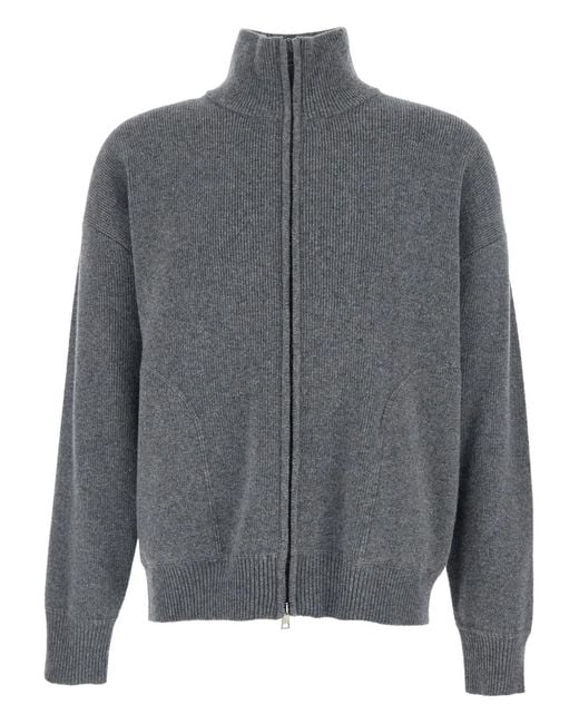 Roberto Collina Gray High Neck Ribbed Knit Cardigan for men