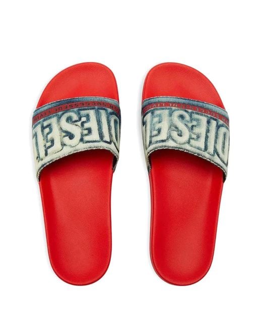 DIESEL Red Sa-Mayemi Denim Slides for men