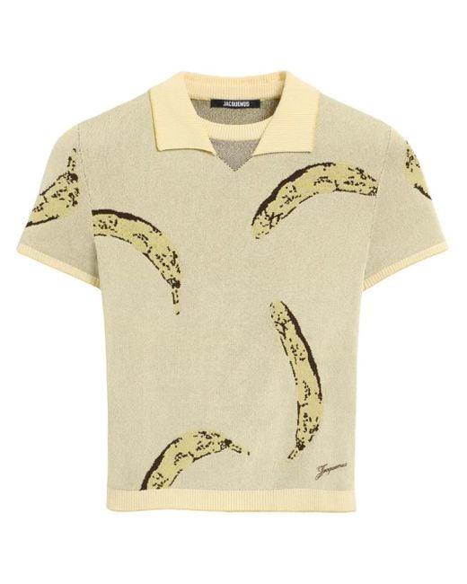 Jacquemus Natural Le Marino V-Neck Polo With Playful Banana Print