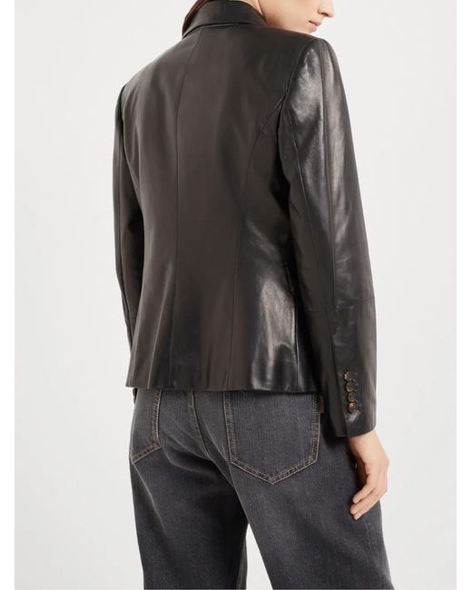 Brunello Cucinelli Black Single-Breasted Leather Blazer