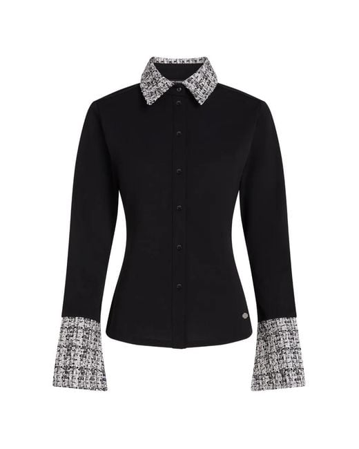 Karl Lagerfeld Black Bouclé-Trim Long-Sleeve Polo Shirt