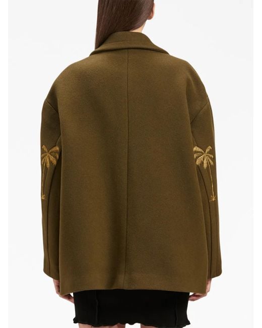 Palm Angels Green Palm-Embroidery Double-Breasted Coat